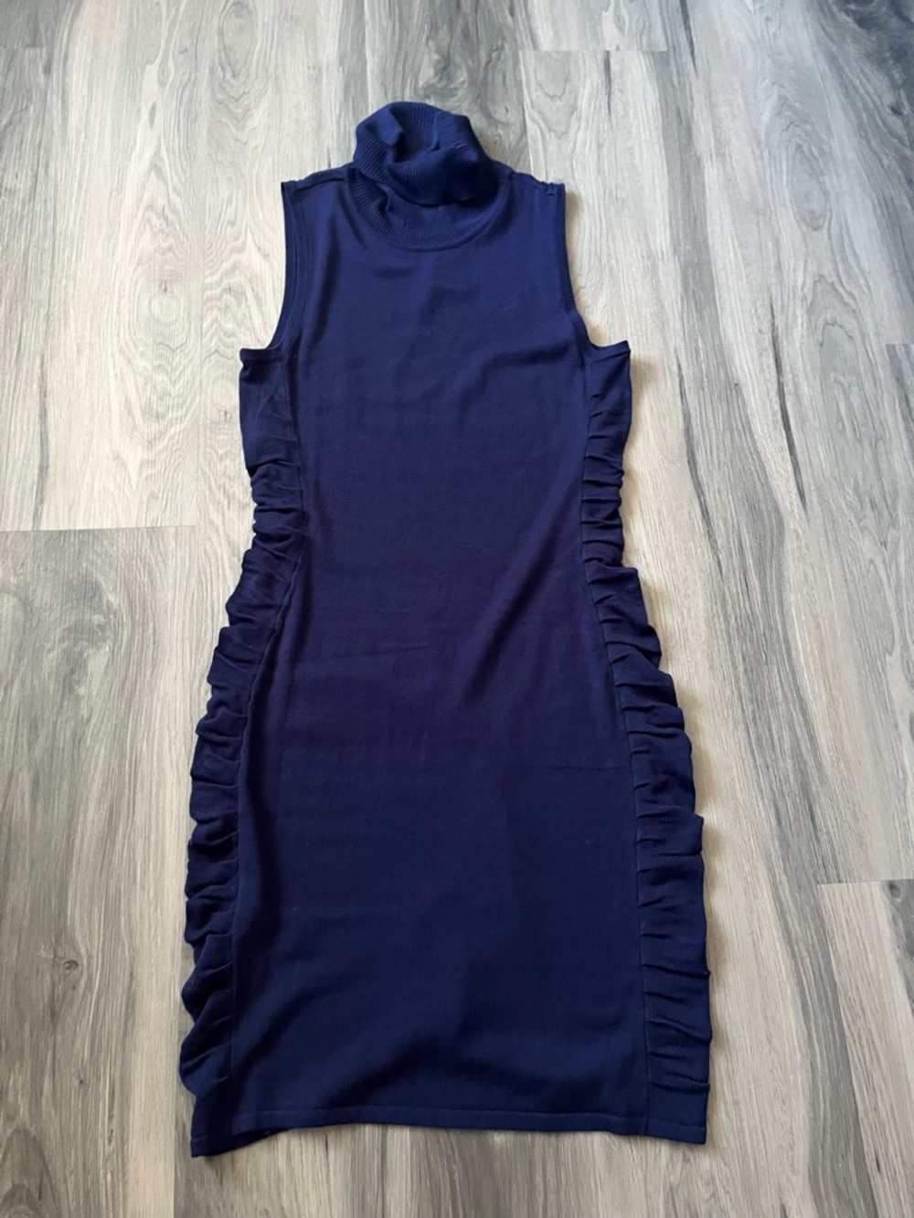 Marvin Richards Navy Sleeveless Turtleneck Midi Dress with Side Ruffles